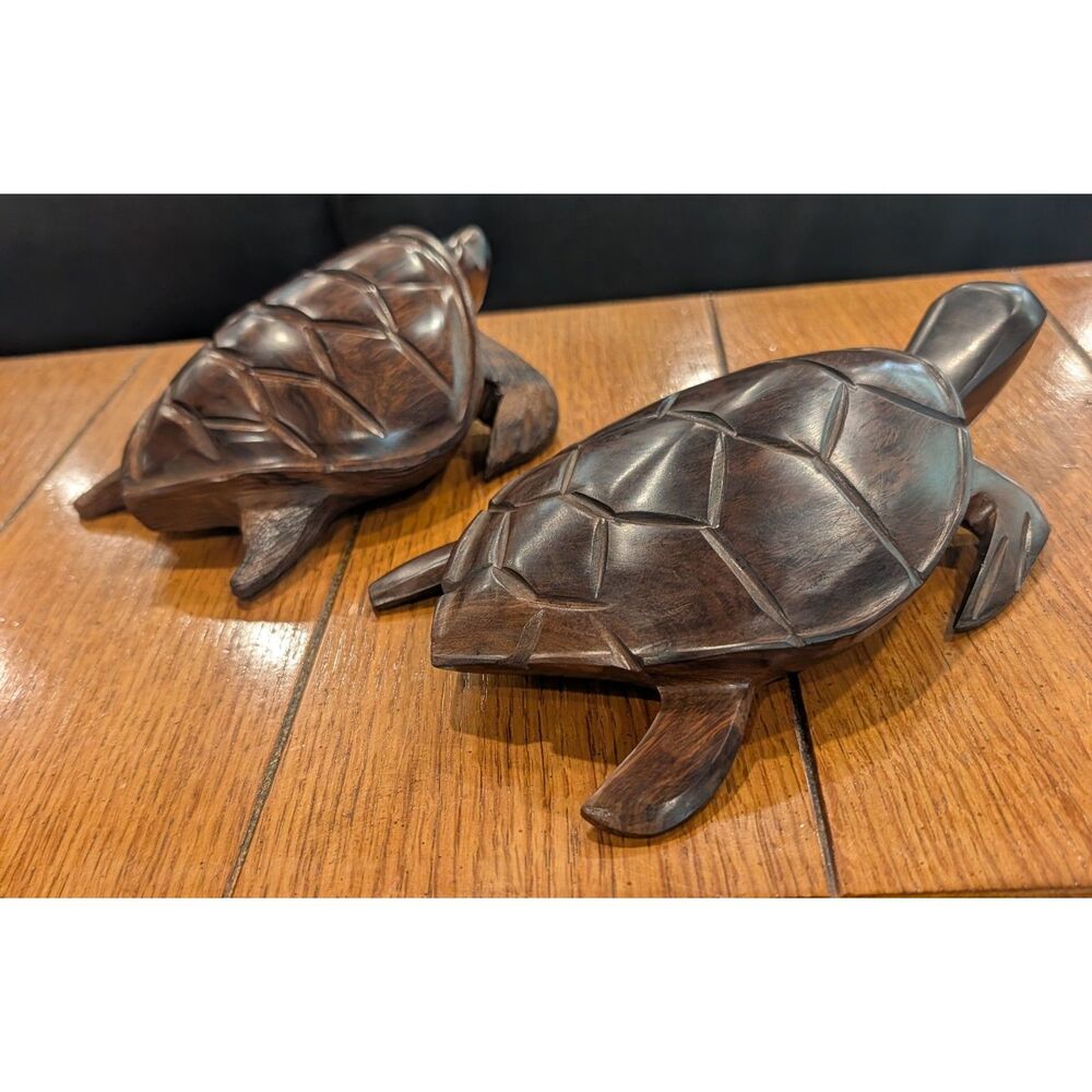 Pair Hand Carved Ironwood Sea Turtle Figurines Sculptures Vintage Coastal Decor